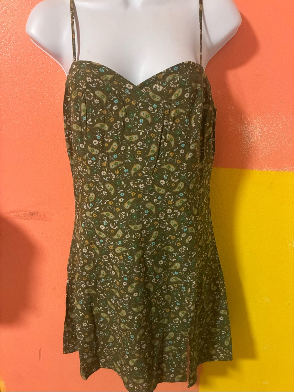 Olive Paisley Spaghetti Strap Mini Dress